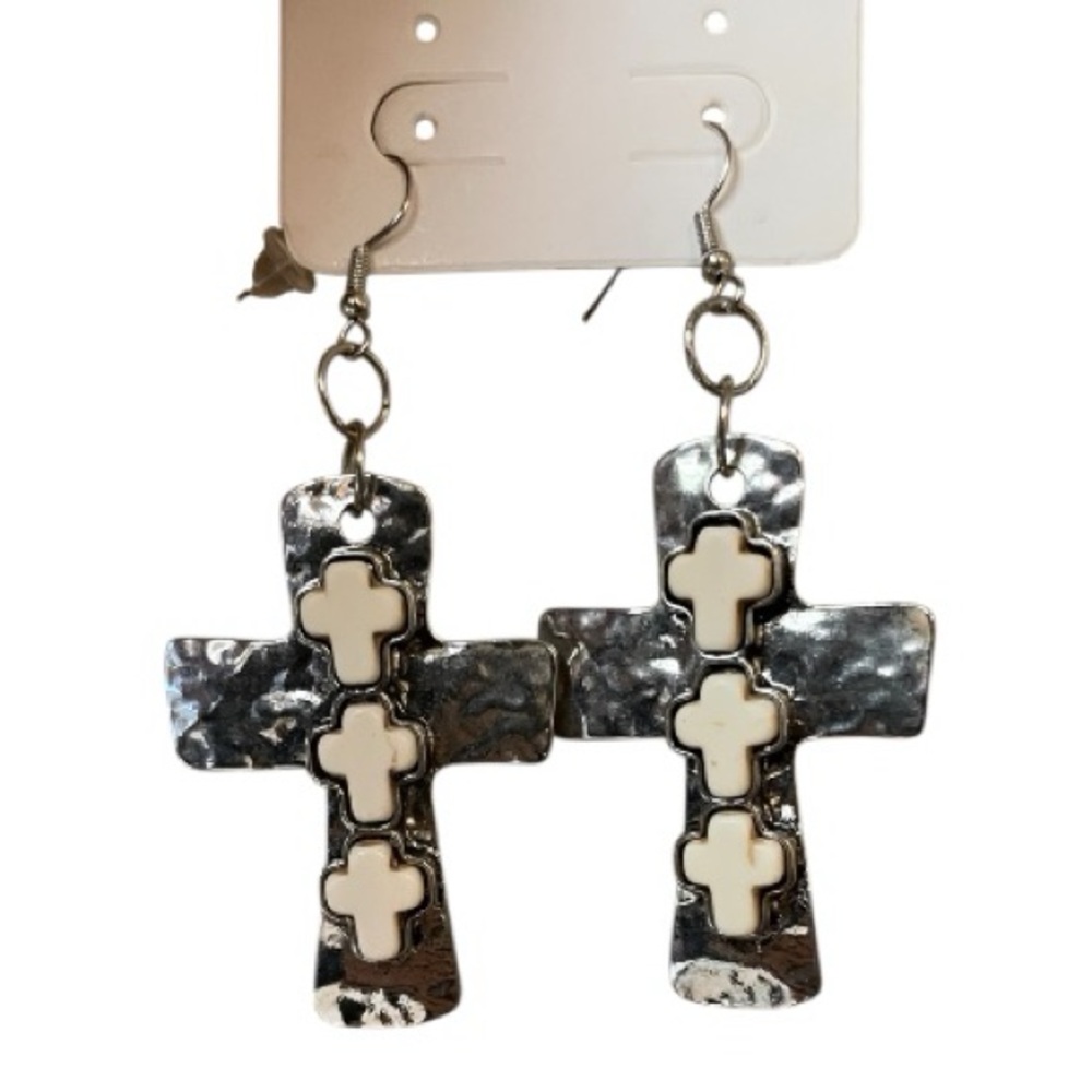 Cross Hammered Silver & White Earrings